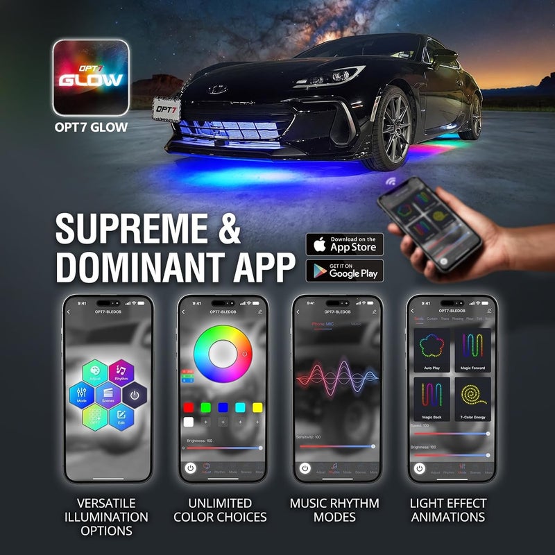 OPT7 Aura DreamColor Underglow Chasing Lights for Car with APP & Remote Control, Waterproof Rigid Aluminum LED Light Bar, Exterior Neon Accent Underbody RGBIC Light Kit, Multi Colors Music Mode, 12V - Image 2